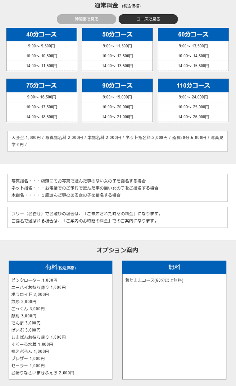 YESグループ  ラズベリードールの料金システム