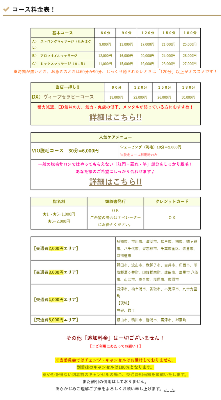 千葉★出張マッサージ委員会Zの料金システム